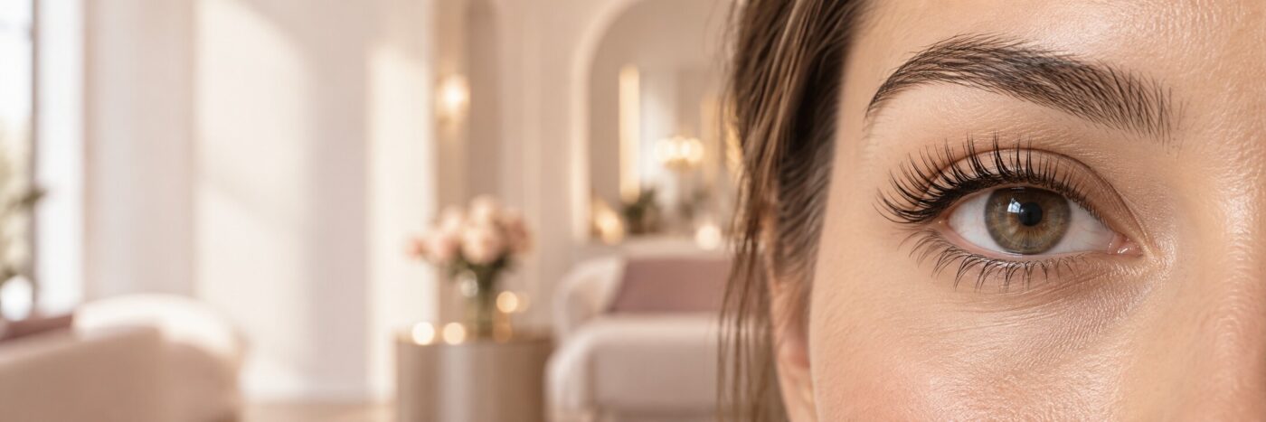 Korean Lash Lift med svarta separerade och naturligt lyfta fransar hos Beautylounge Stockholm