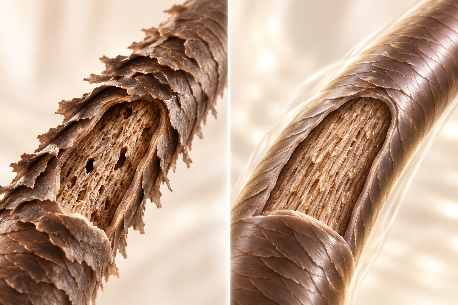 Genomskärning av ett skadat och kosmetiskt vårdat fransstrå med Keratin Boost och Deep Repair Treatment